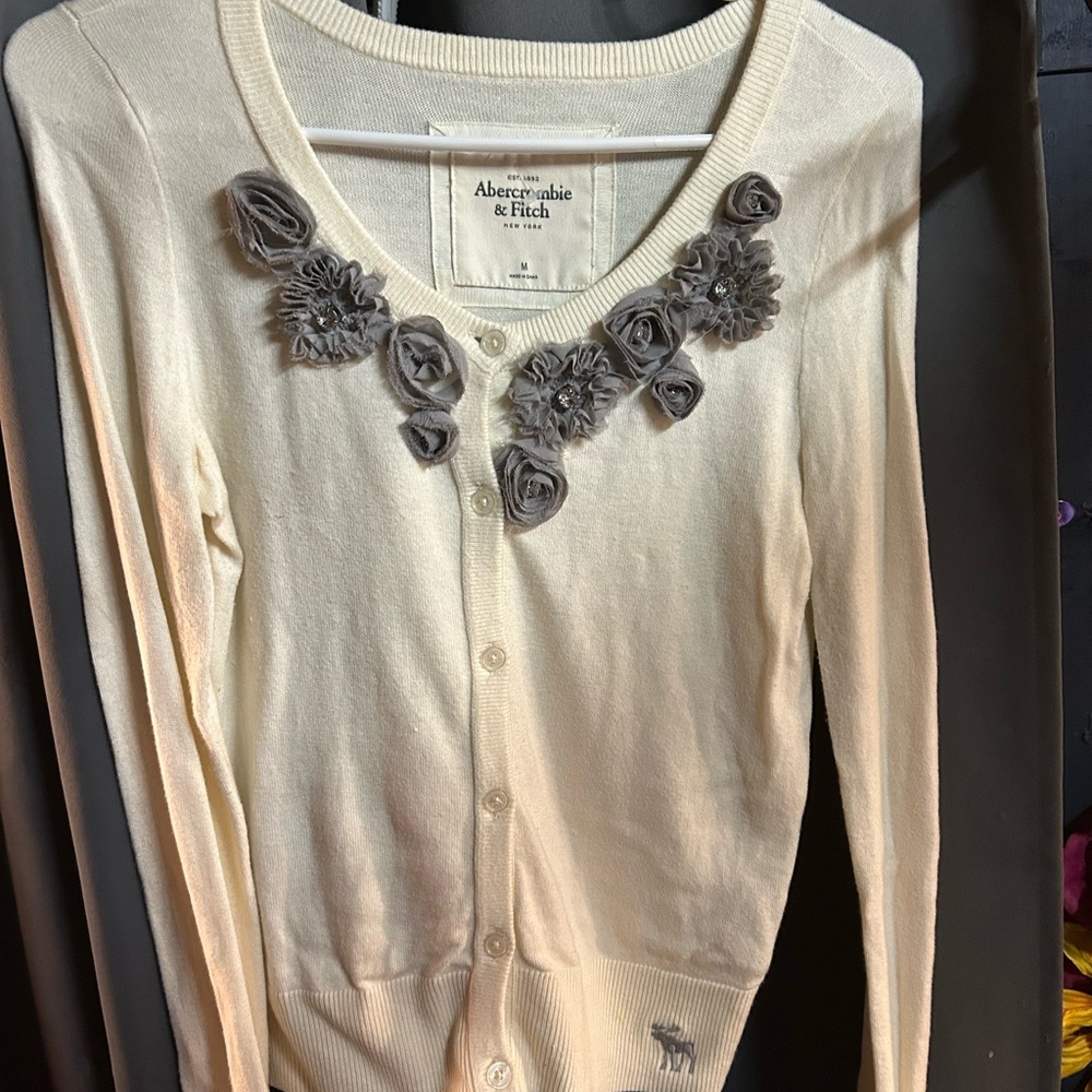 Abercrombie & Fitch Ivory Cardigan with Gray Floral Accents